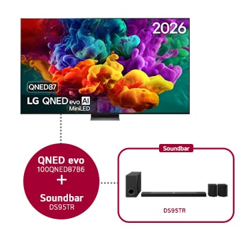 Vooraanzicht van 100 inch LG QNED evo AI QNED87 Mini LED 4K Smart TV 2026 & DS95TR 9.1.5-kanaals 100QNED87B6.DS95TR